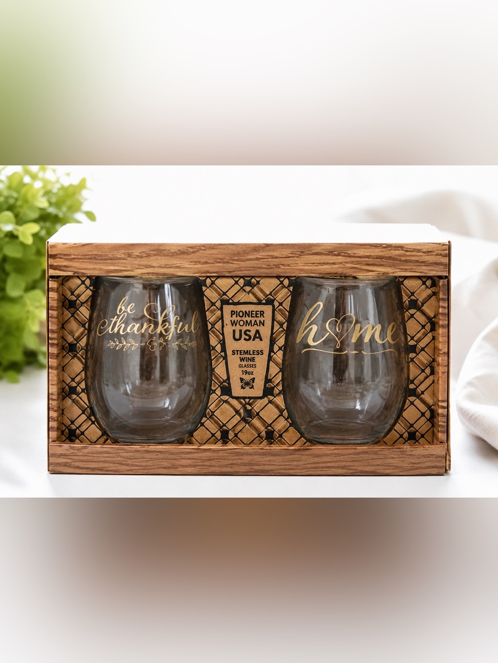 Home & Be Thankful Stemless Wine Glass Set 19 oz NIB Made in USA NEW